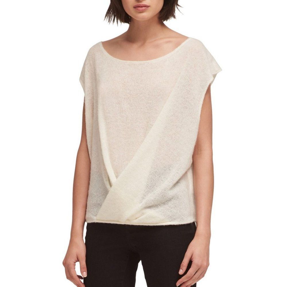 Cream Ivory DKNY Drape-Front Round Neck Knit Pullover Sweater (NWT)